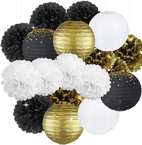 18 Pcs Black Gold White Tissue Pom Poms Decorations