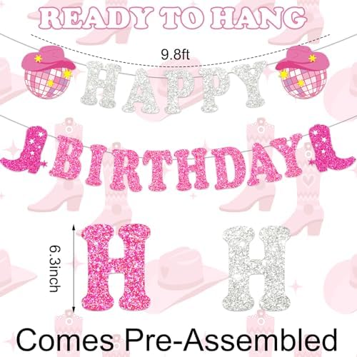 Western Cowgirl Birthday Glitter Banner Silver Pink Bunting Garland