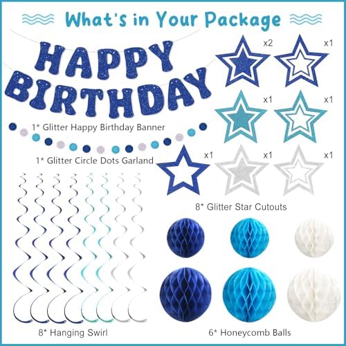 Glitter Blue Birthday Banner with Honeycomb Balls and Stars Streamers