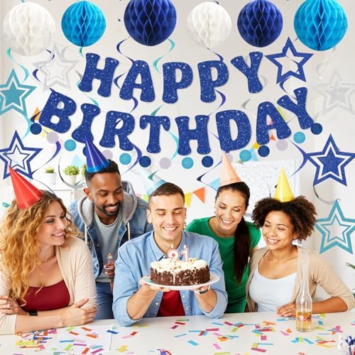 Glitter Blue Birthday Banner with Honeycomb Balls and Stars Streamers
