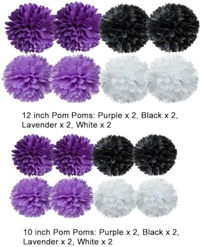 AWELL Purple Black White and Lavender Tissue Paper Pom Poms 16 Count