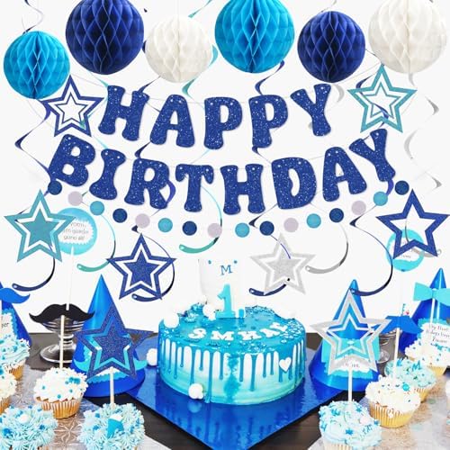 Glitter Blue Birthday Banner with Honeycomb Balls and Stars Streamers