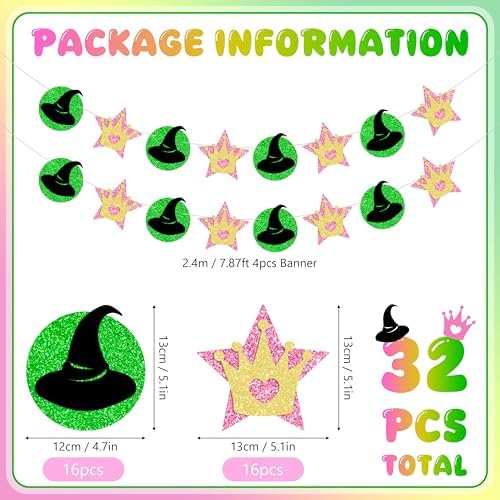 4 Pcs Pink Green Witch Princess Garland Banner