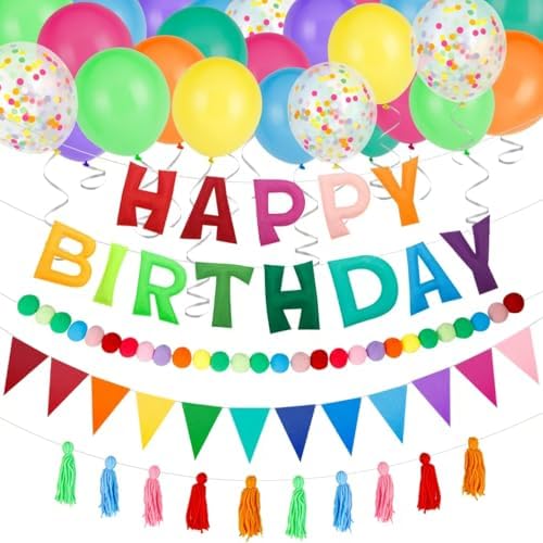 Happy Birthday Decorations Kit - 48 Pcs Balloons Pre-Strung Banners