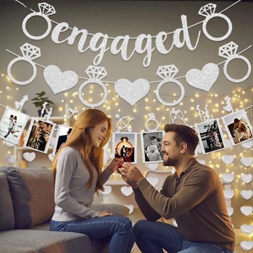 Silver Glitter Engagement Party Banners with Heart Garland