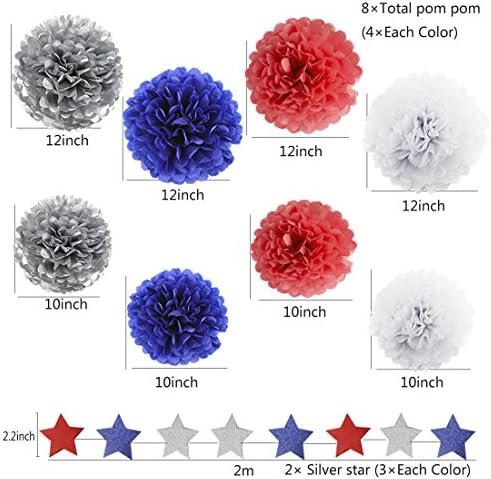 HEARTFEEL 30pcs Patriotic Tissue Pom Pom Garland Decorations