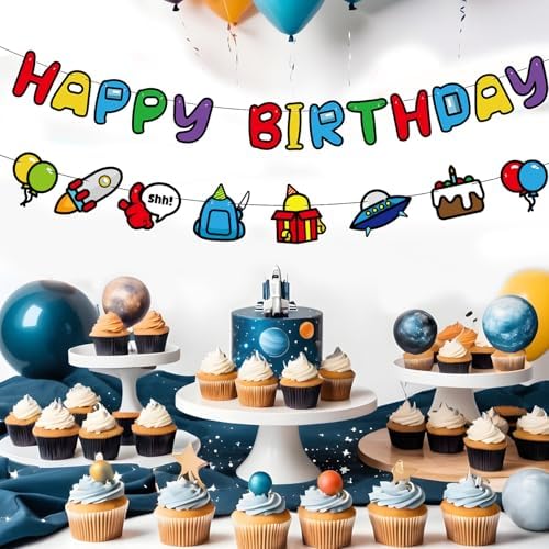 Space Happy Birthday Banner for Boys Party Decorations
