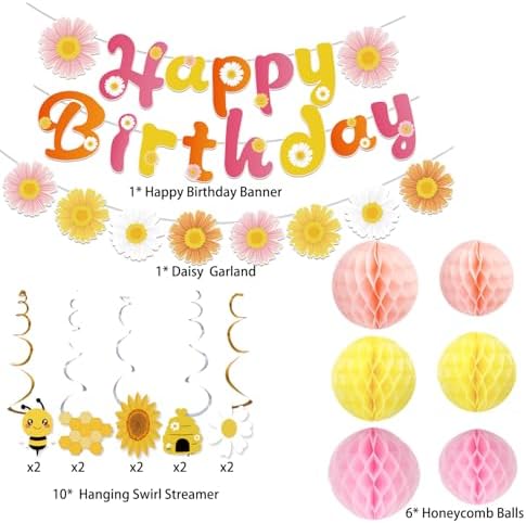 Pre-Strung Happy Birthday Banner with Honeycomb Balls and Daisy Garland