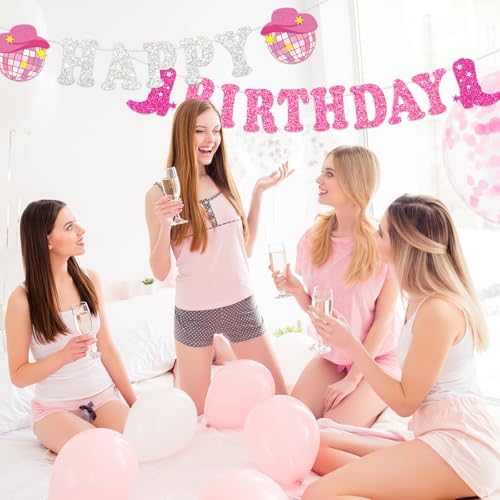 Western Cowgirl Birthday Glitter Banner Silver Pink Bunting Garland