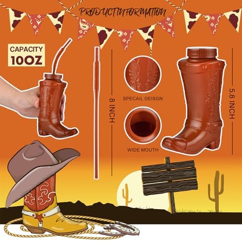 Alink Cowboy Boot Cups with Straws and Lids 12pcs 10oz Kids Party