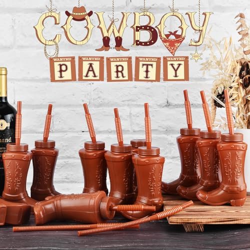 Alink Cowboy Boot Cups with Straws and Lids 12pcs 10oz Kids Party