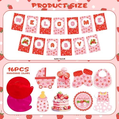 Strawberry Baby Shower Decorations with Banner and Hanging Swirls