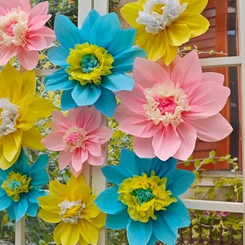 Mybbshower Crepe Paper Flowers Pack of 9 Pink Yellow Blue
