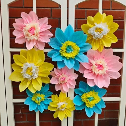 Mybbshower Crepe Paper Flowers Pack of 9 Pink Yellow Blue