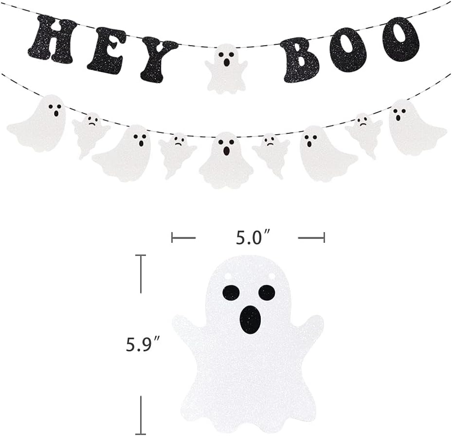 Hey Boo Glittery Ghost Halloween Banner - Black
