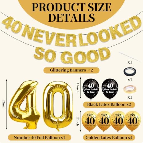 40th Birthday Decorations Kit Black Gold Banner and Foil Balloons