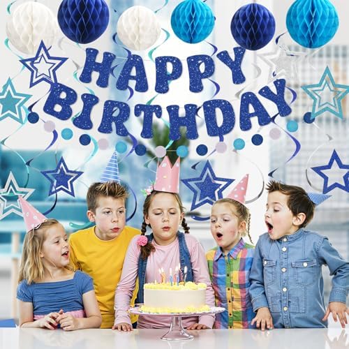 Glitter Blue Birthday Banner with Honeycomb Balls and Stars Streamers