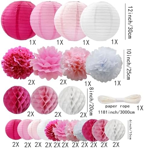WOLHOWLTD Rosy Pink White Paper Decor Set 38 Pcs