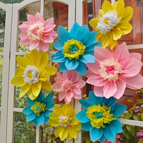Mybbshower Crepe Paper Flowers Pack of 9 Pink Yellow Blue