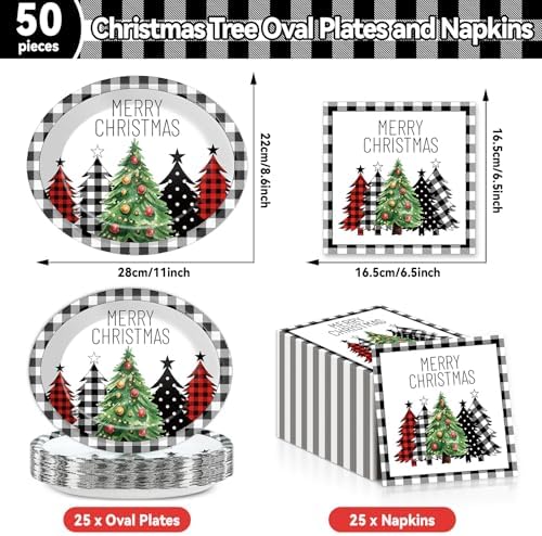 50Pcs Christmas Paper Oval Plates with Napkins