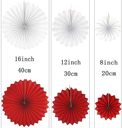 Red White Party Hanging Paper Fan Set - 10pcs