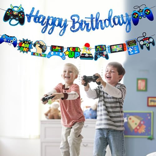 Glitter Blue Game Party Banners for Birthday Celebrations