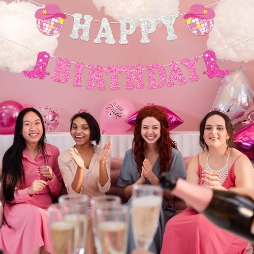 Western Cowgirl Birthday Glitter Banner Silver Pink Bunting Garland