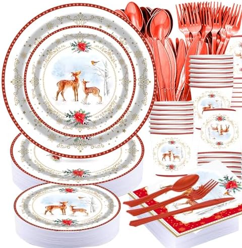 Christmas Poinsettia Deer Disposable Plate Set - 25 Piece Holiday Party Supplies