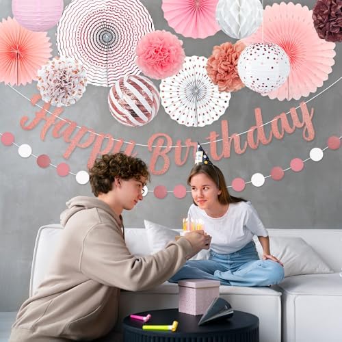 Pink White Rose Gold Birthday Party Decorations 21pcs