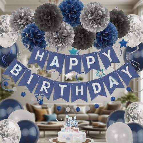 Navy Blue Birthday Decor Set with Banner and Balloons