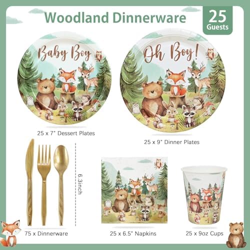 Woodland Baby Shower Plate Set 175 Pcs for 25 Guests