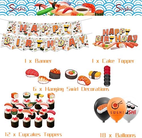 Sushi Party Decorations with Happy Birthday Banner and Balloons