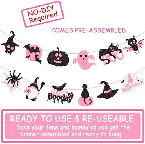 2pcs Halloween Party Banners Black Pink Ghost Boo Witch Decorations
