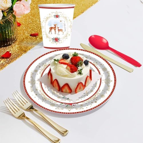 Christmas Poinsettia Deer Disposable Plate Set - 25 Piece Holiday Party Supplies