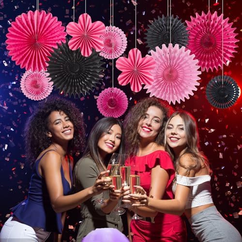 11PCS Hanging Paper Fans Pink Black Birthday Party Decorations