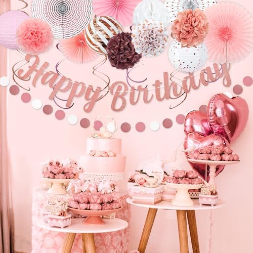 Pink White Rose Gold Birthday Party Decorations 21pcs