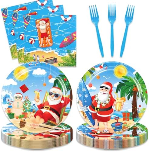 48pcs Beach Hawaiian Santa Party Tableware Set for 16 Guests