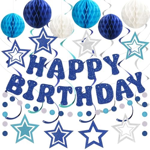 Glitter Blue Birthday Banner with Honeycomb Balls and Stars Streamers