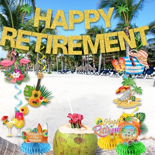 Hawaiian Retirement Party Decorations with Banners and Centerpieces