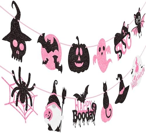 2pcs Halloween Party Banners Black Pink Ghost Boo Witch Decorations