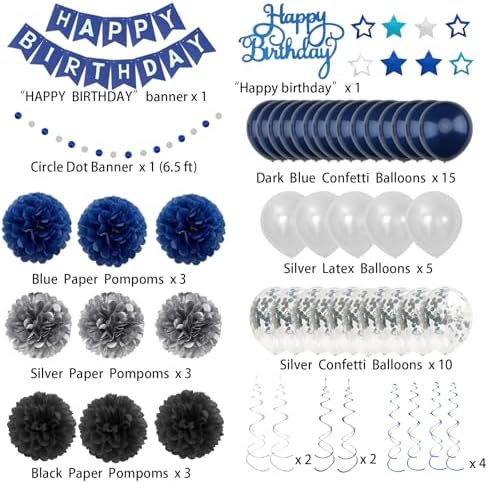 Navy Blue Birthday Decor Set with Banner and Balloons