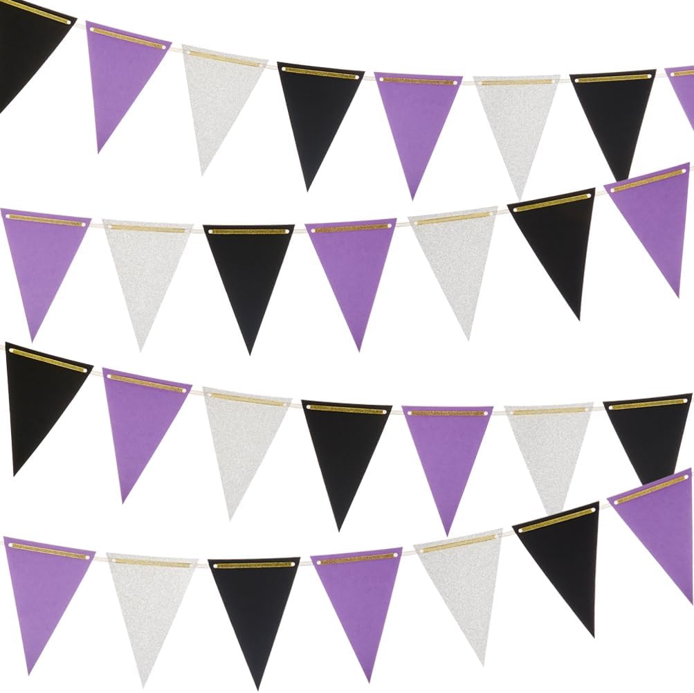 MOWO Purple Black and Silver Pennant Banner Set 20 Feet 30 Counts
