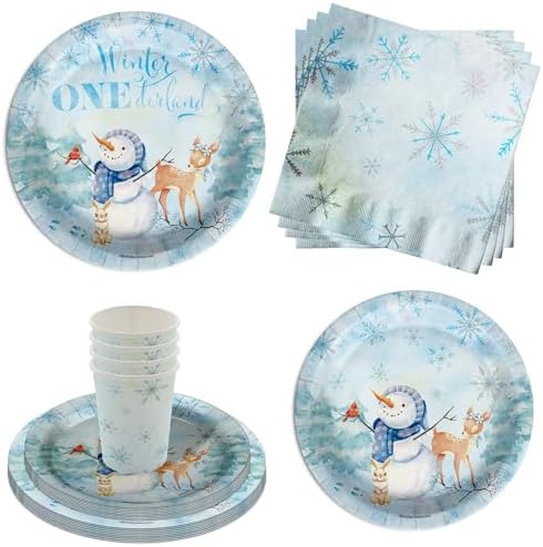 Snowman Snowflake Winter 1st Birthday Tableware Set 64 Piece