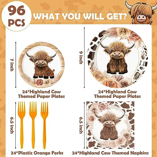 96Pcs Highland Cow Themed Party Tableware Set