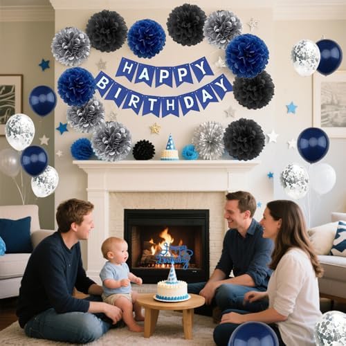 Navy Blue Birthday Decor Set with Banner and Balloons