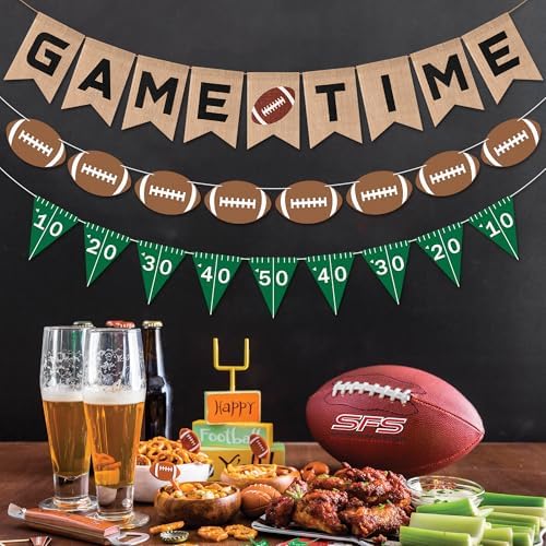 Football Burlap Felt Banners 3pcs Game Time Yard Line Decoration