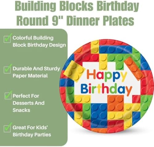 Bold Bright Building Blocks Birthday Plates 9 Inch Pack of 8