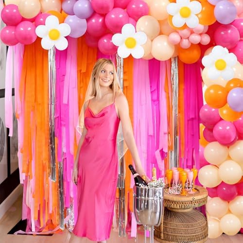 Pink Orange Groovy Balloon Arch Kit with Fringe Backdrop