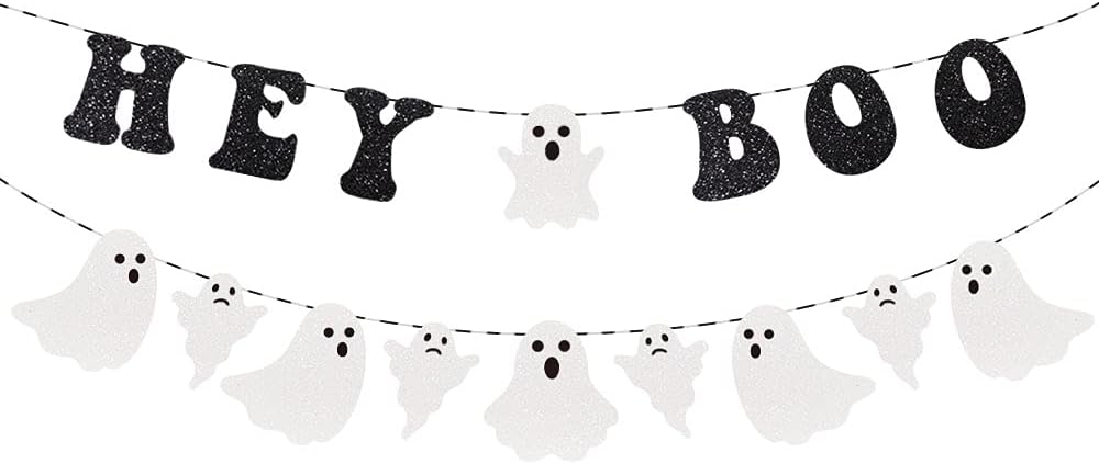 Hey Boo Glittery Ghost Halloween Banner - Black