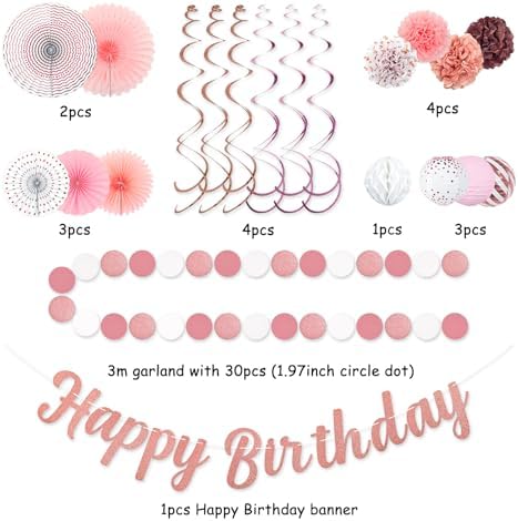 Pink White Rose Gold Birthday Party Decorations 21pcs
